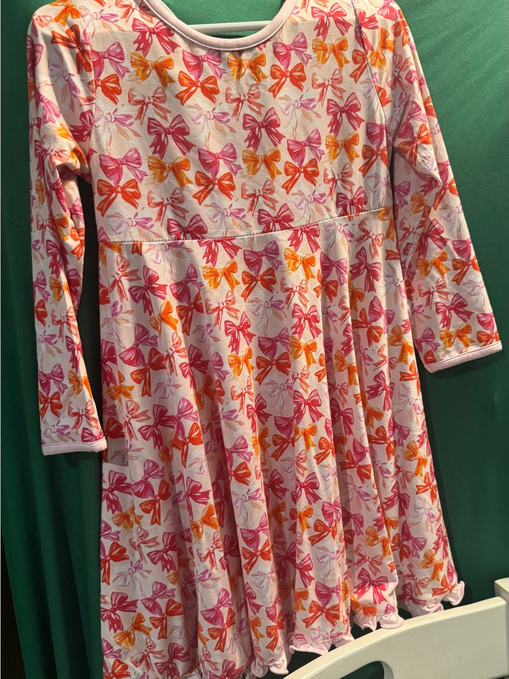 Girls Pink & Orange Bow-Print Long Sleeve Casual Dress